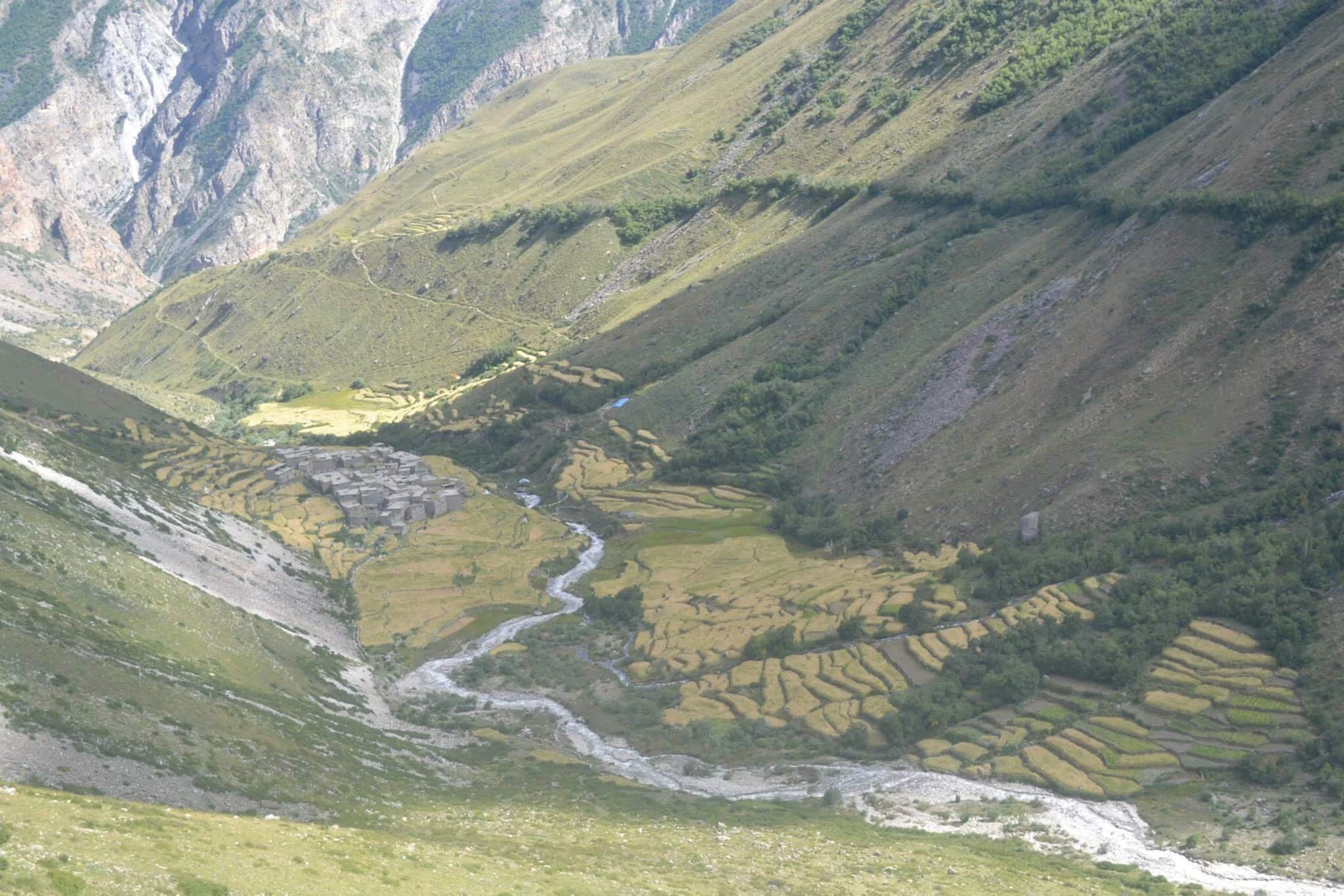 Stone houses, prayer flags, and terraced fields of Til Village in Limi Valley.